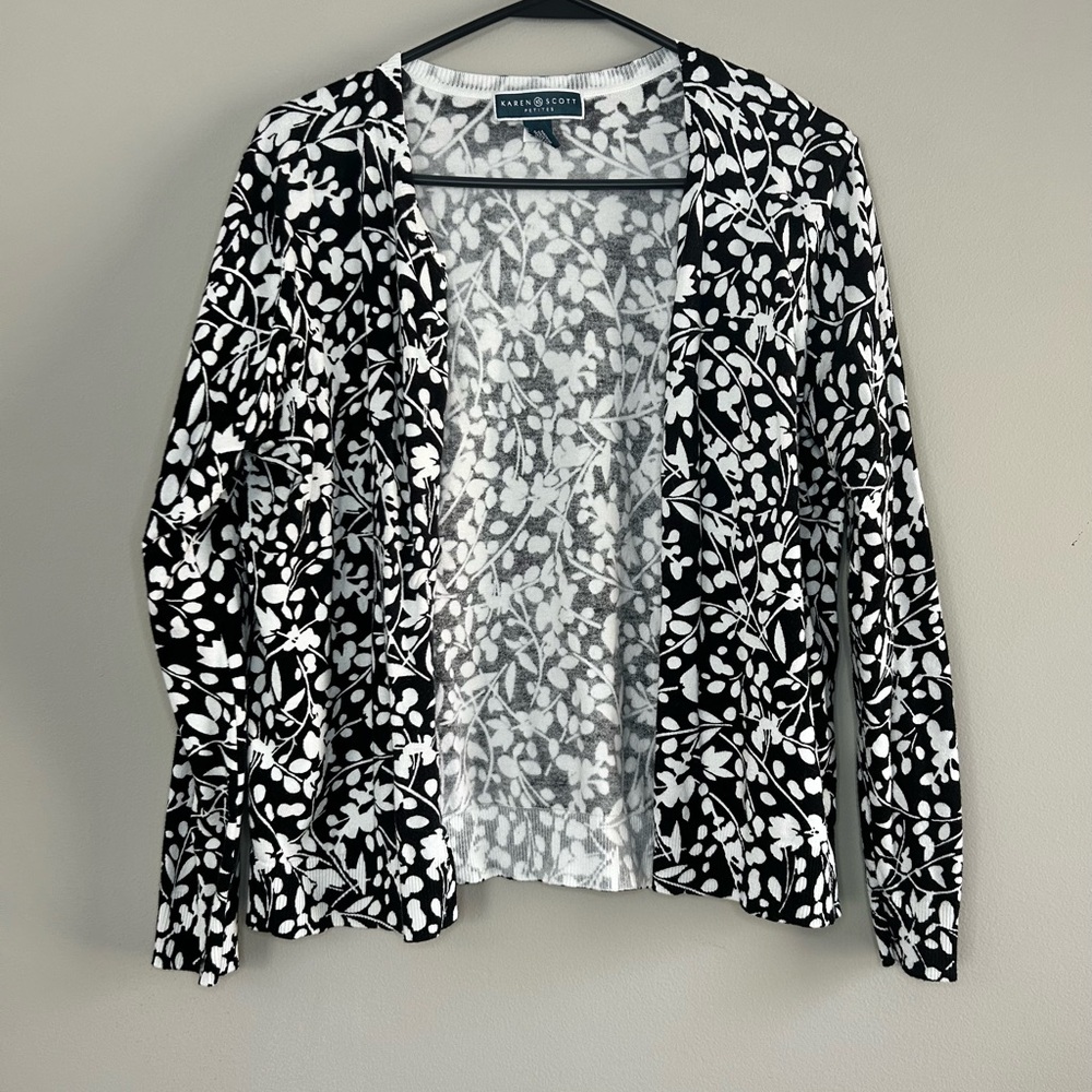 Karen Scott white and black Floral Cardigan Sweater